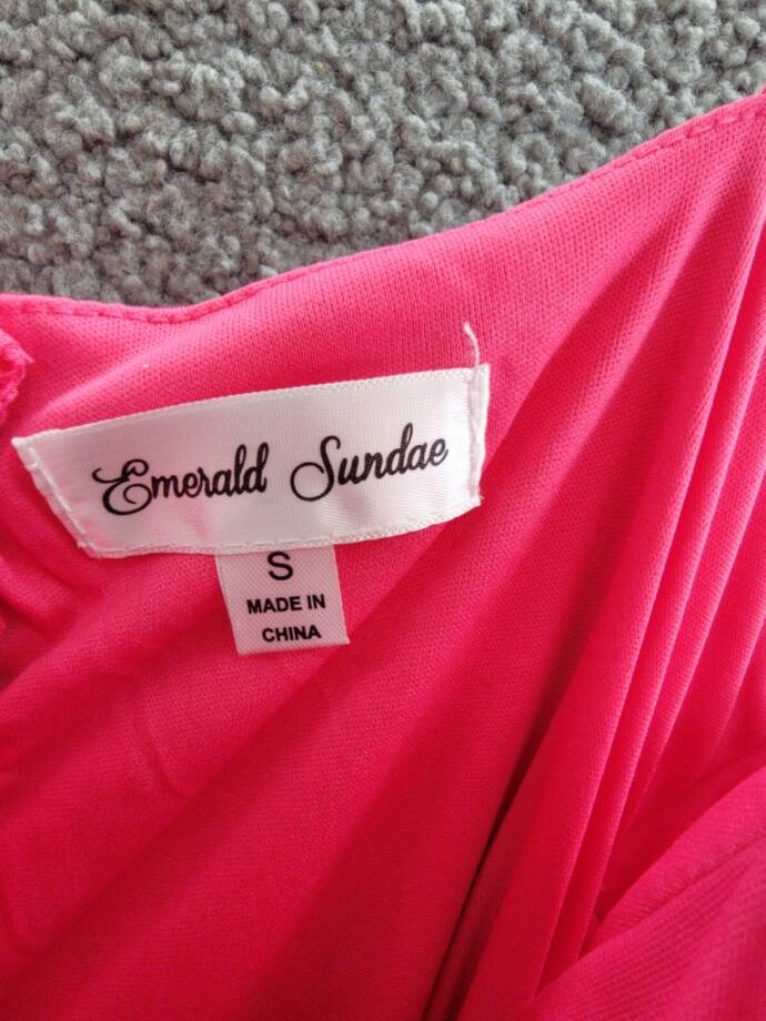 Emerald Sundae Notch-Neck Satin Leg-Slit Gown Juniors' S Neon Pink Back Zipped