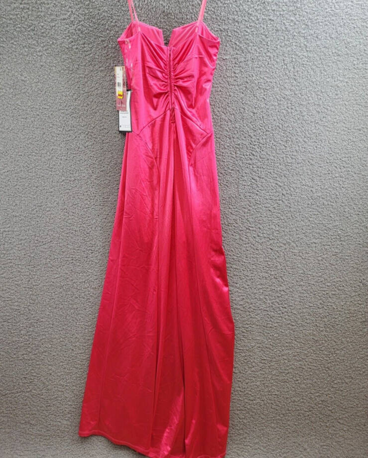 Emerald Sundae Notch-Neck Satin Leg-Slit Gown Juniors' S Neon Pink Back Zipped