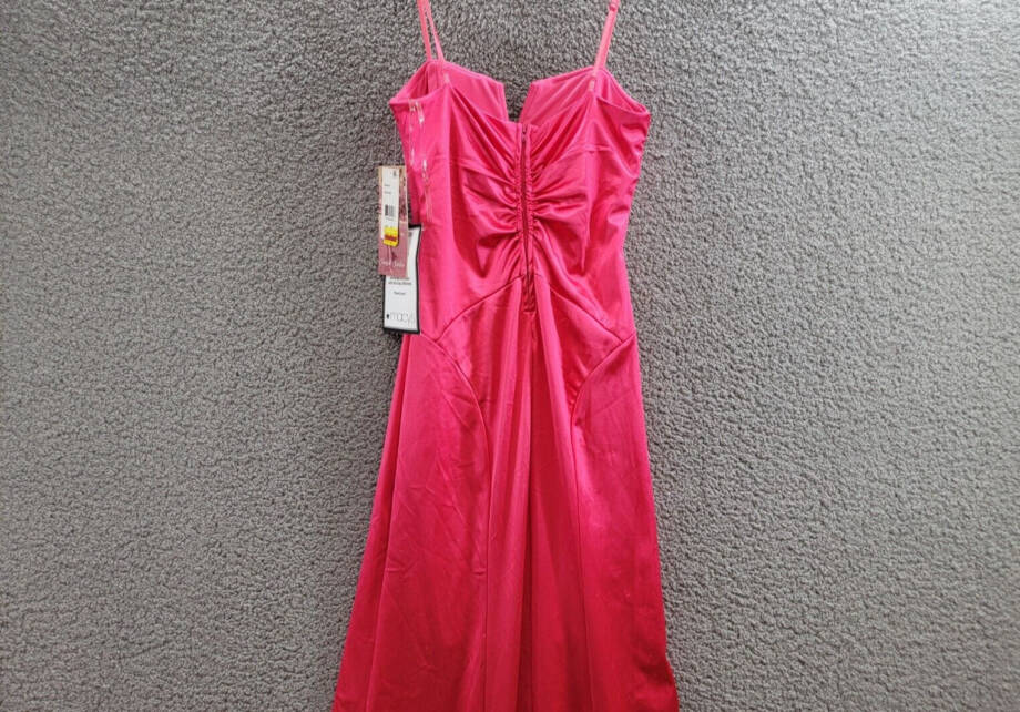 Emerald Sundae Notch-Neck Satin Leg-Slit Gown Juniors' S Neon Pink Back Zipped