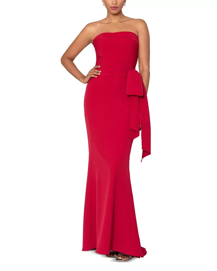 AQUA Strapless Scuba Bow Gown Women's 6 Red Solid Straight Neck Back Zip Closure