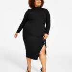 Nina Parker Plus Ribbed Bodycon Midi Dress Women's 2X Black Beauty Long Sleeve