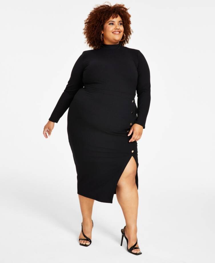 Nina Parker Plus Ribbed Bodycon Midi Dress Women's 2X Black Beauty Long Sleeve