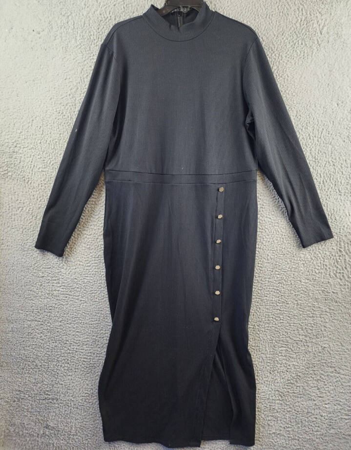 Nina Parker Plus Ribbed Bodycon Midi Dress Women's 2X Black Beauty Long Sleeve
