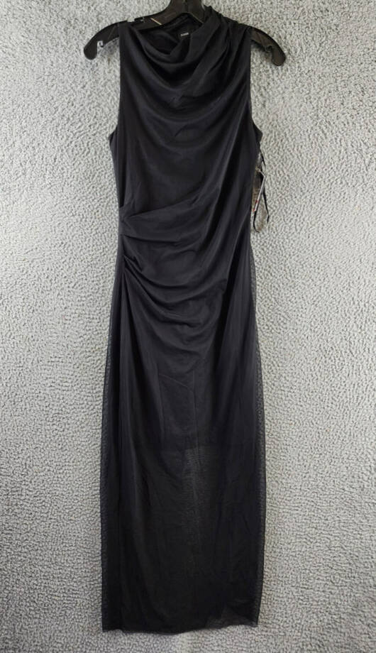 Donna Morgan Asymmetric Neck Side Pleat Maxi Dress Women's 6 Black Side Zipped