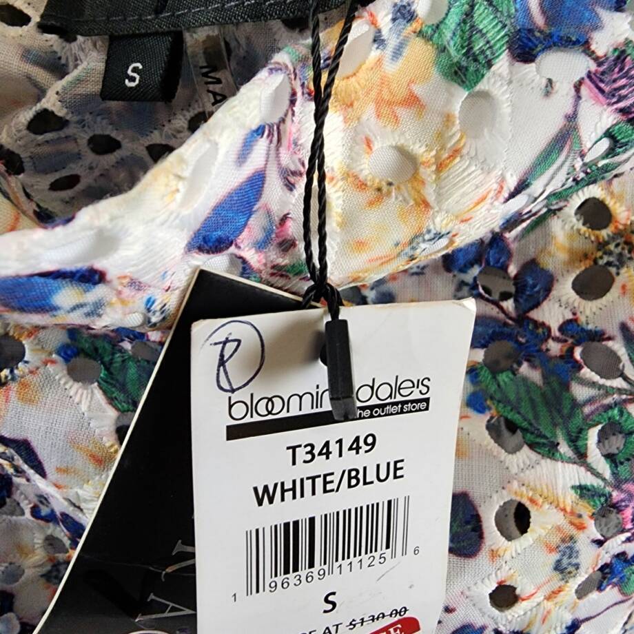 Gracia Floral Eyelet Hi-Low Top Women's S Multi Open Back Short Sleeve Pullover