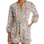 PAIGE Puglia Belted Romper Women's 4 Blanc Multi Floral Linen Blend 3/4 Sleeve
