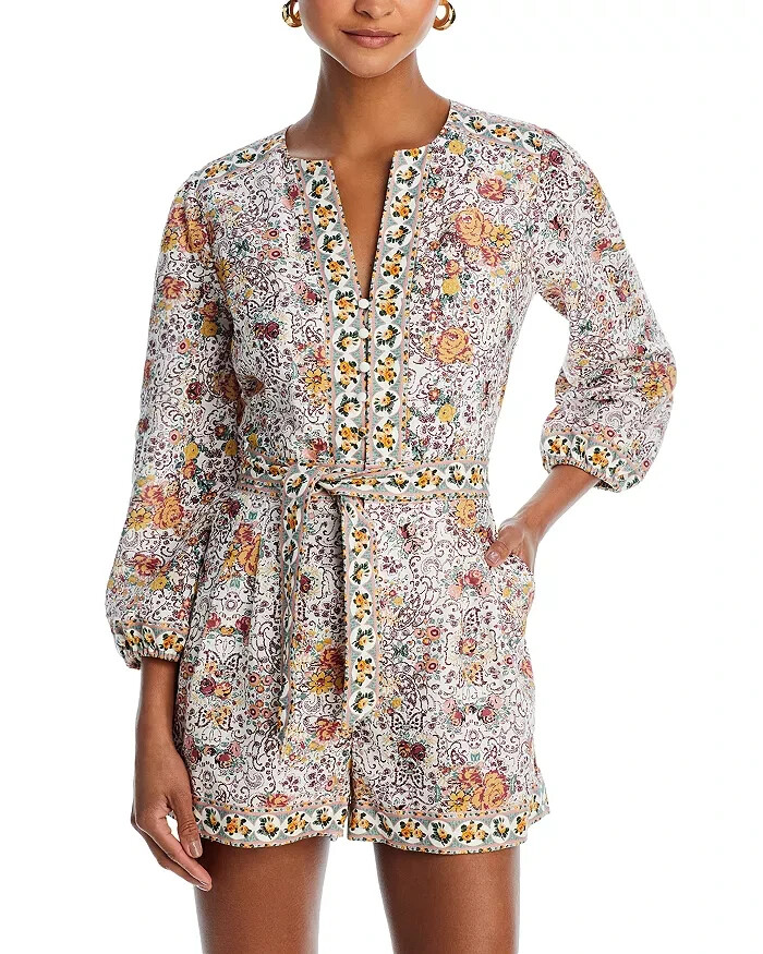 PAIGE Puglia Belted Romper Women's 4 Blanc Multi Floral Linen Blend 3/4 Sleeve