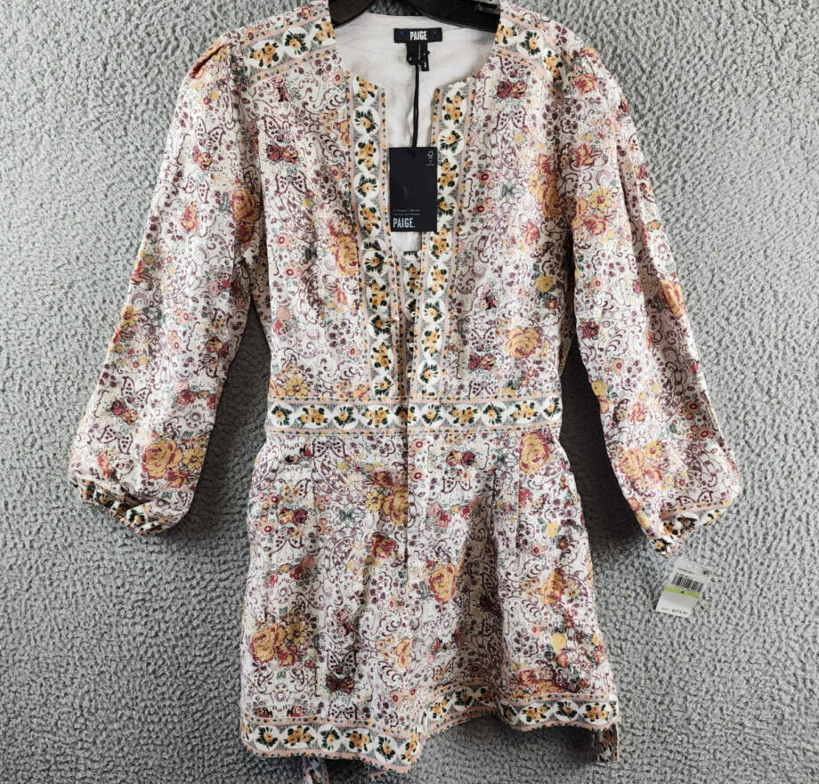PAIGE Puglia Belted Romper Women's 4 Blanc Multi Floral Linen Blend 3/4 Sleeve