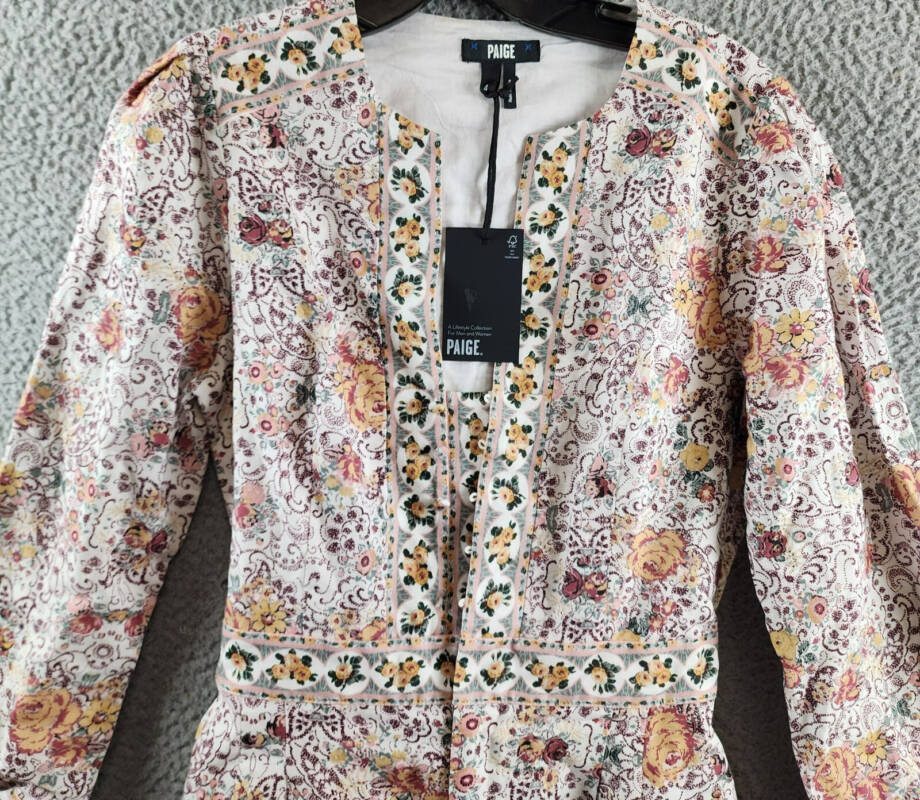 PAIGE Puglia Belted Romper Women's 4 Blanc Multi Floral Linen Blend 3/4 Sleeve