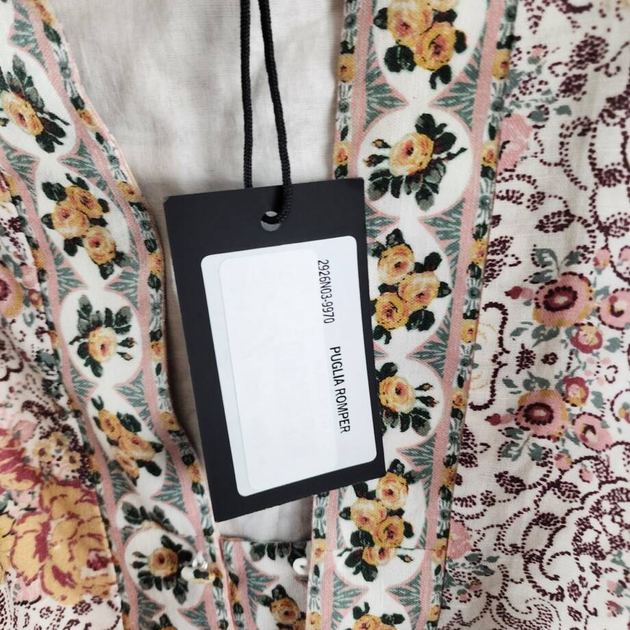 PAIGE Puglia Belted Romper Women's 4 Blanc Multi Floral Linen Blend 3/4 Sleeve