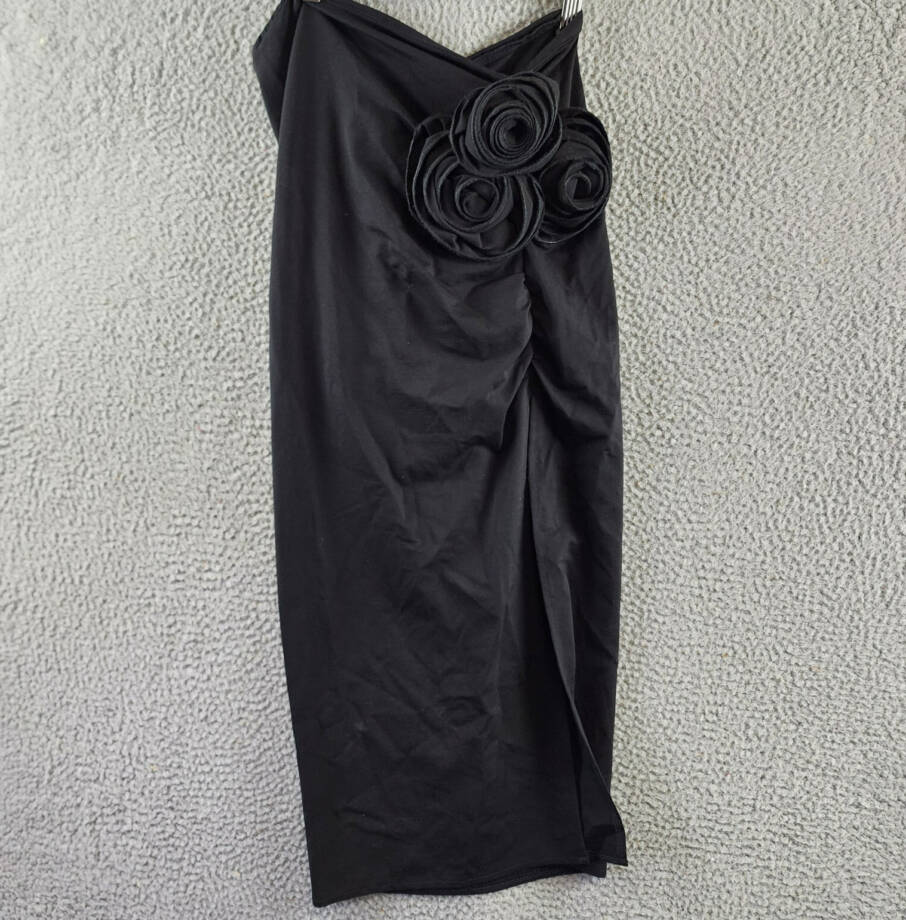 Another Mode Side Slit Rose Applique Skirt Women's L Black Ruched Elastic Waist
