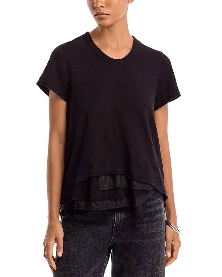 Wilt Boxy Mixed Media Hem Tee Women's XS Black Round Neck Short Sleeve Pullover