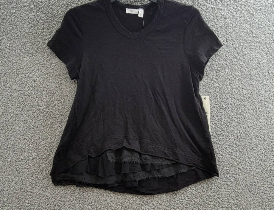 Wilt Boxy Mixed Media Hem Tee Women's XS Black Round Neck Short Sleeve Pullover