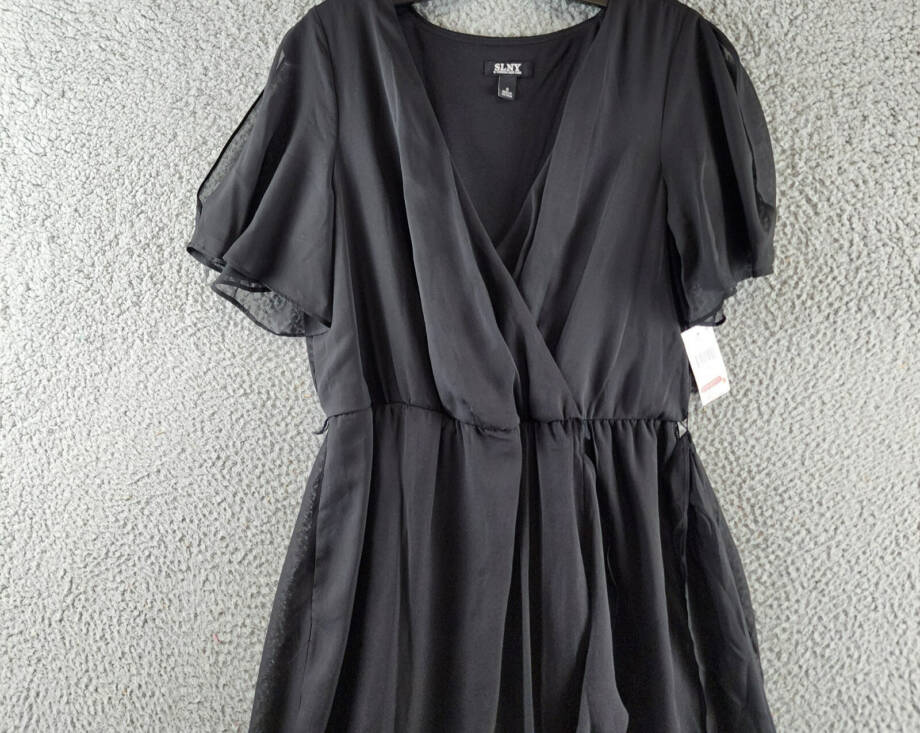 SLNY Fashions Ruffled Wrap Dress Women's 8 Black Surplice V-Neck Tie Waist S/S