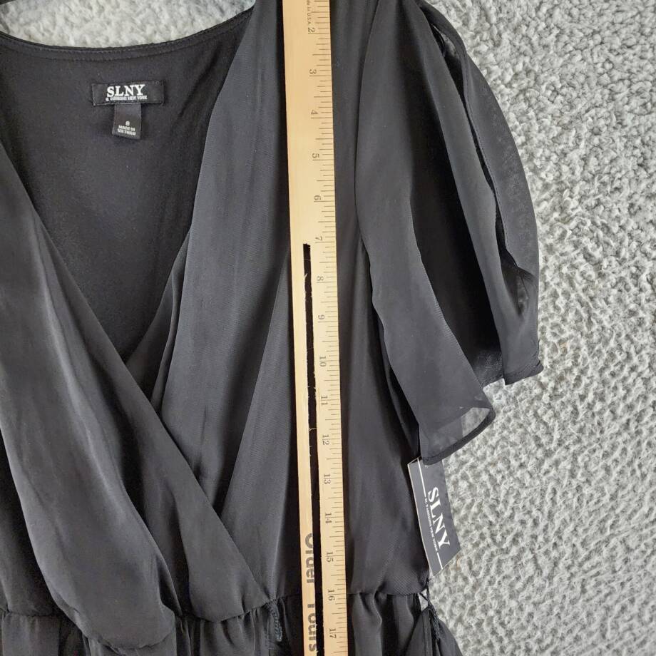 SLNY Fashions Ruffled Wrap Dress Women's 8 Black Surplice V-Neck Tie Waist S/S