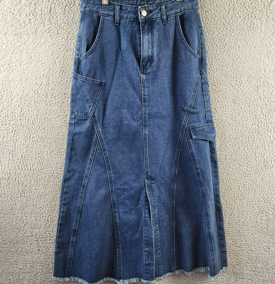 Gracia Front Slit Long Denim Skirt Women's M Blue Heather Side Pocket Button Zip