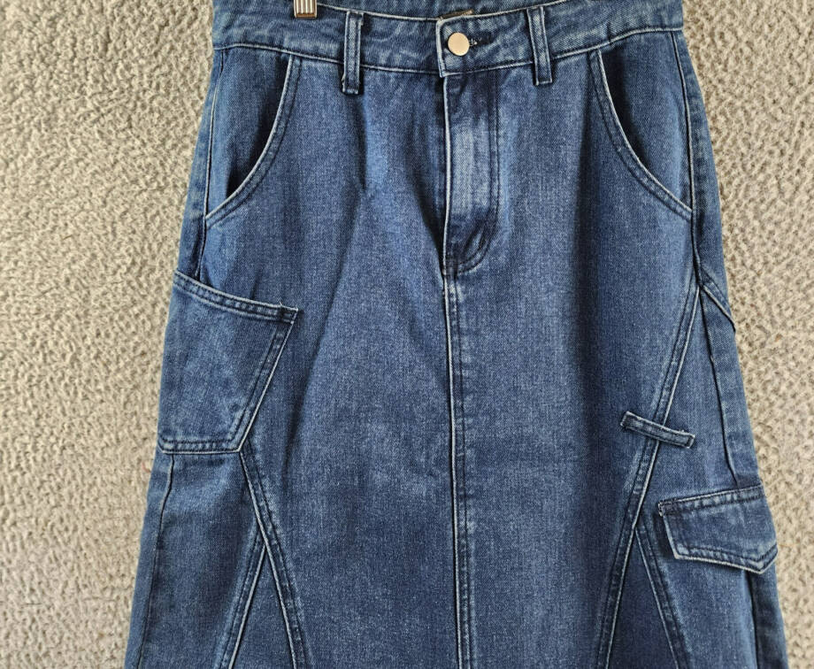 Gracia Front Slit Long Denim Skirt Women's M Blue Heather Side Pocket Button Zip