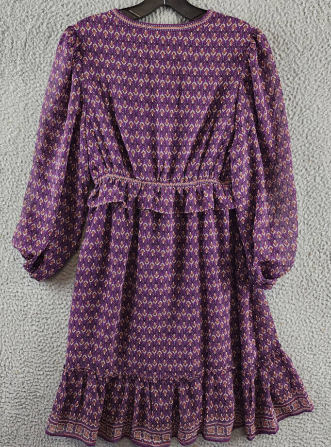 Max Studio Floral 3/4 Balloon Sleeve Dress Women's S Purple Multi V-Neckline