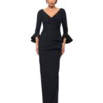 Betsy & Adam Ruffled-Trim Surplice Gown Women's 12 Black Back Zip Long Sleeve