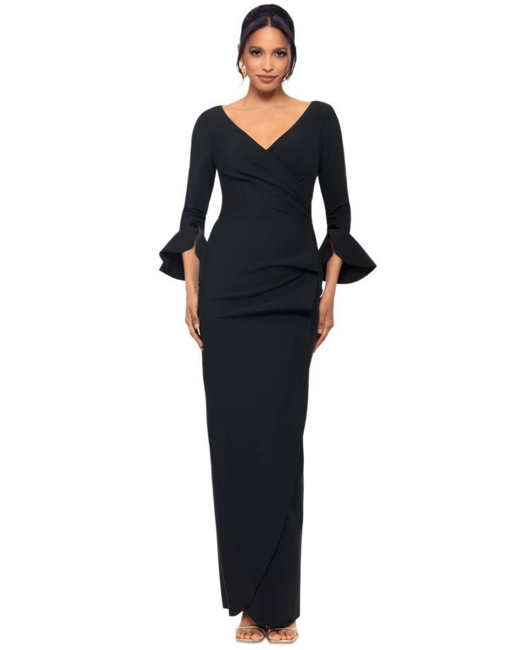 Betsy & Adam Ruffled-Trim Surplice Gown Women's 12 Black Back Zip Long Sleeve