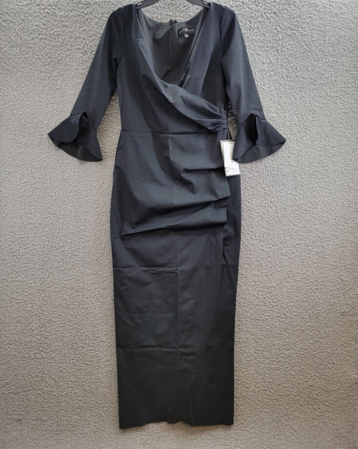 Betsy & Adam Ruffled-Trim Surplice Gown Women's 12 Black Back Zip Long Sleeve