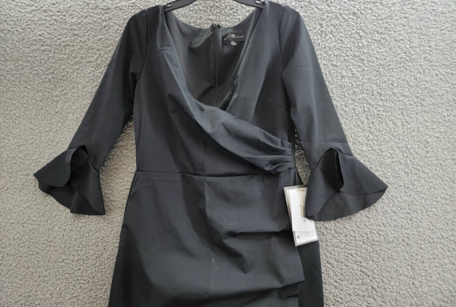 Betsy & Adam Ruffled-Trim Surplice Gown Women's 12 Black Back Zip Long Sleeve