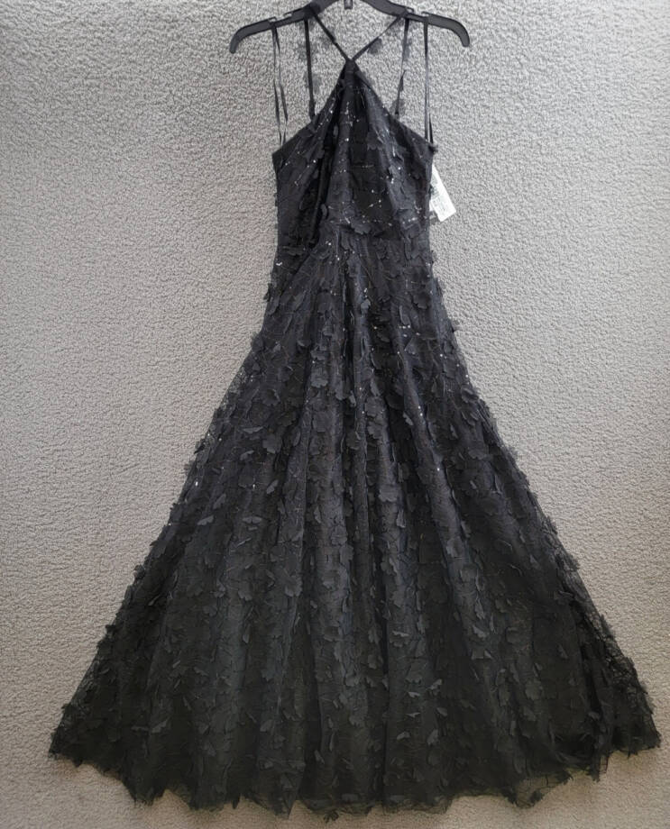 Eliza J 3D Floating Flowers Sequined Mesh Halter Gown Women's 0 Black Adjustable