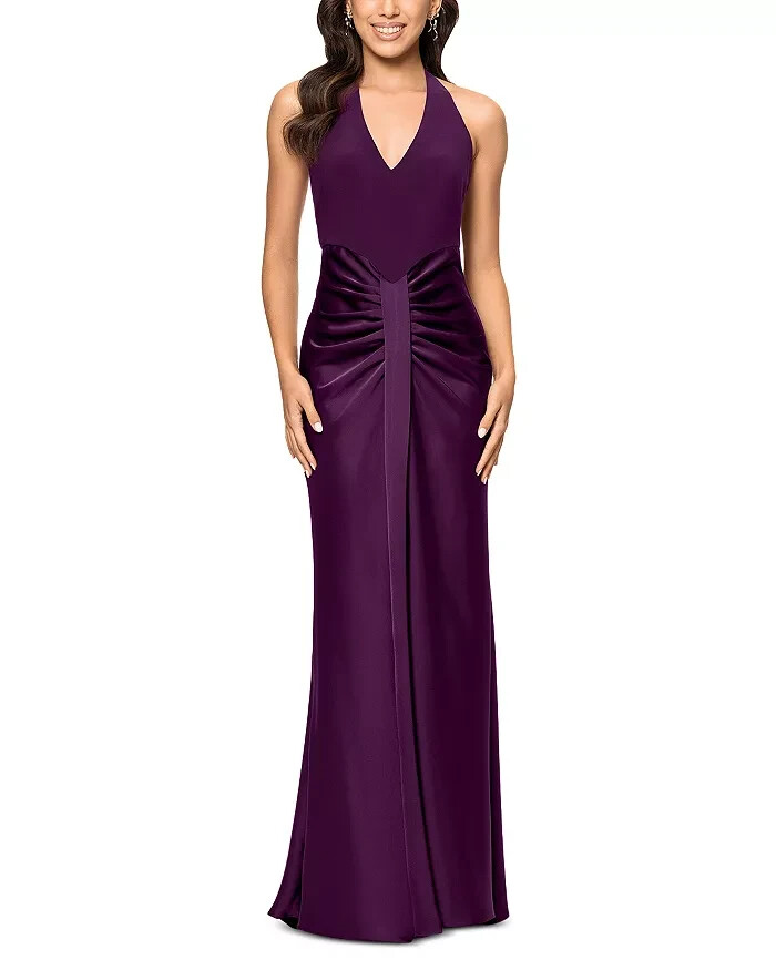AQUA Halter Mixed Media Gown Women's 10 Purple Drape Front Tie Zip Back Closure