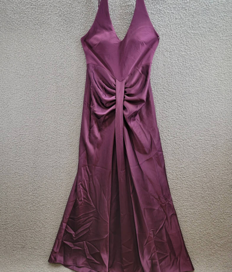 AQUA Halter Mixed Media Gown Women's 10 Purple Drape Front Tie Zip Back Closure