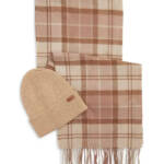 Barbour Aubrey Beanie & Tartan Scarf Set Women's OS Camel Wool Blend Fringe Edge