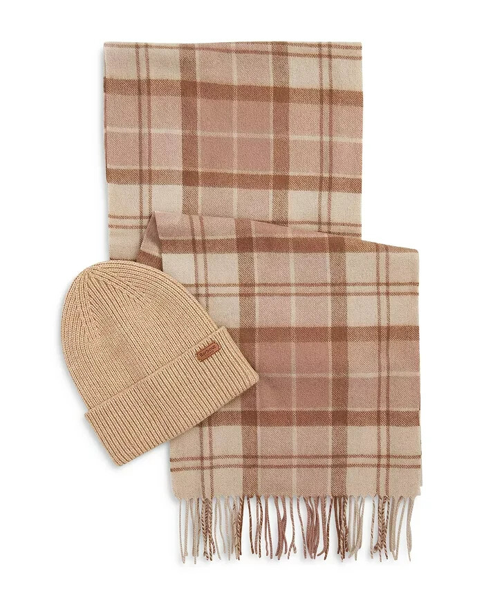 Barbour Aubrey Beanie & Tartan Scarf Set Women's OS Camel Wool Blend Fringe Edge