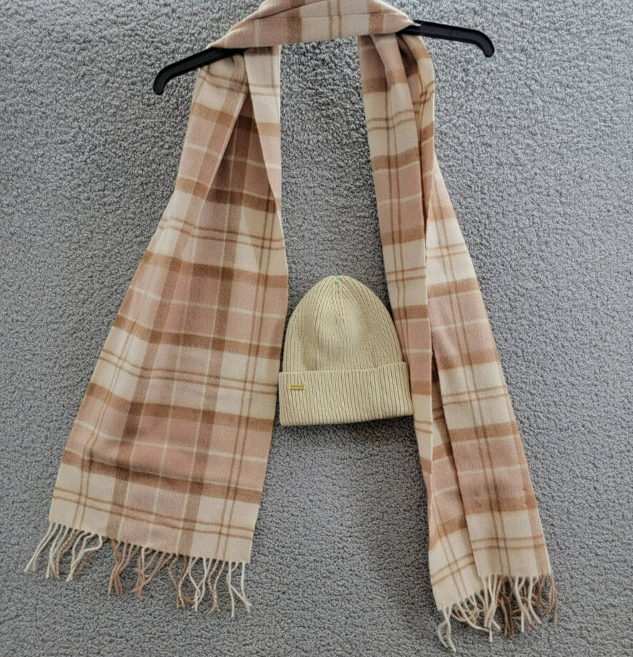 Barbour Aubrey Beanie & Tartan Scarf Set Women's OS Camel Wool Blend Fringe Edge
