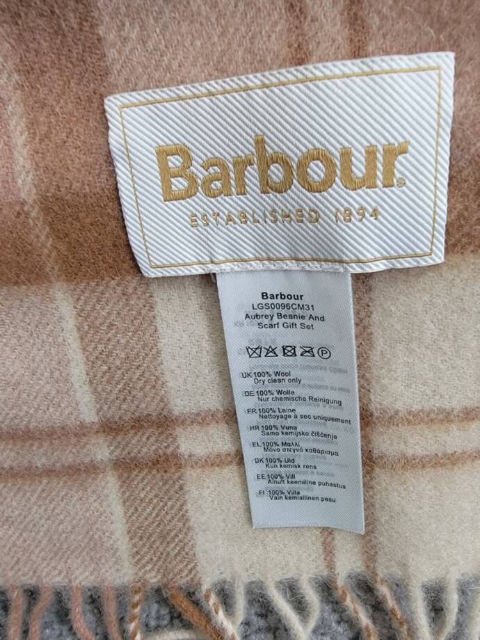 Barbour Aubrey Beanie & Tartan Scarf Set Women's OS Camel Wool Blend Fringe Edge