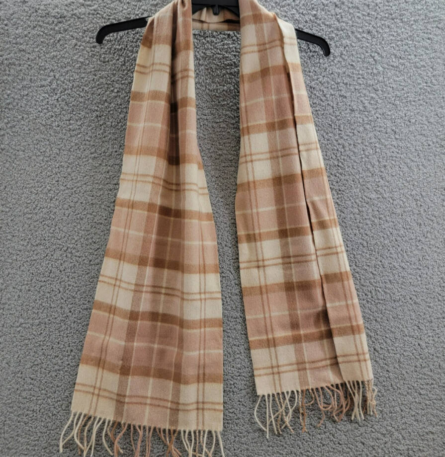 Barbour Aubrey Beanie & Tartan Scarf Set Women's OS Camel Wool Blend Fringe Edge