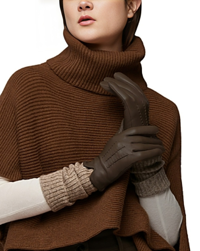 Soia & Kyo Carmel Leather & Ribbed Knit Tech Wool Blend Gloves Womens S Mushroom