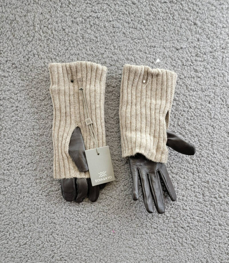 Soia & Kyo Carmel Leather & Ribbed Knit Tech Wool Blend Gloves Womens S Mushroom
