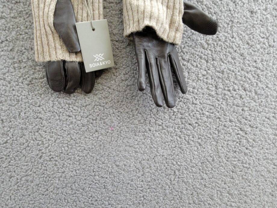 Soia & Kyo Carmel Leather & Ribbed Knit Tech Wool Blend Gloves Womens S Mushroom