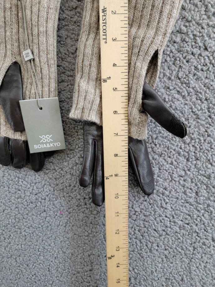 Soia & Kyo Carmel Leather & Ribbed Knit Tech Wool Blend Gloves Womens S Mushroom