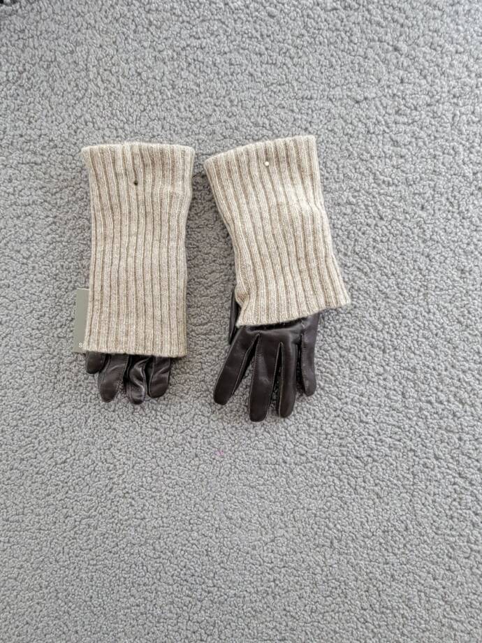 Soia & Kyo Carmel Leather & Ribbed Knit Tech Wool Blend Gloves Womens S Mushroom