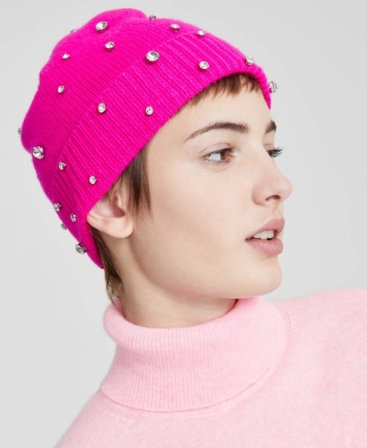Charter Club Cashmere Embellished Cuffed Beanie Women's One Size Fierce Pink