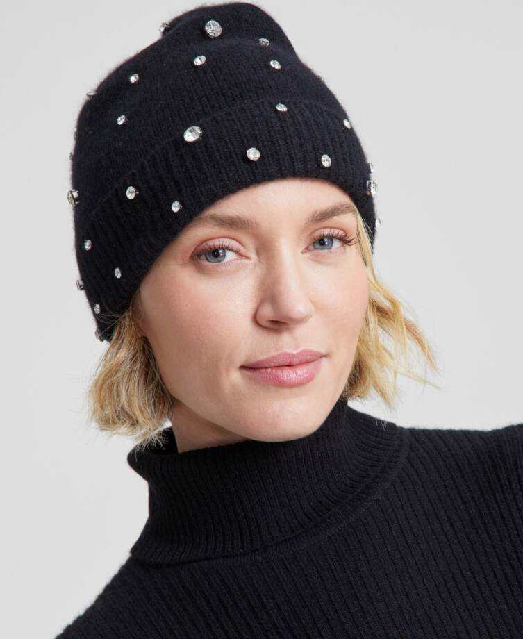 Charter Club Cashmere Embellished Cuffed Beanie Women's One Size Classic Black~