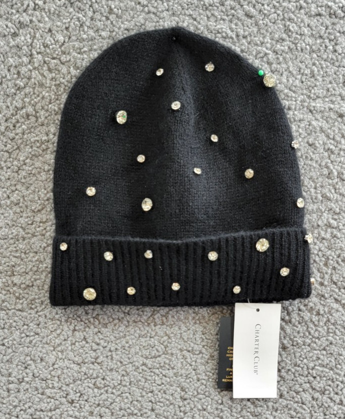 Charter Club Cashmere Embellished Cuffed Beanie Women's One Size Classic Black~