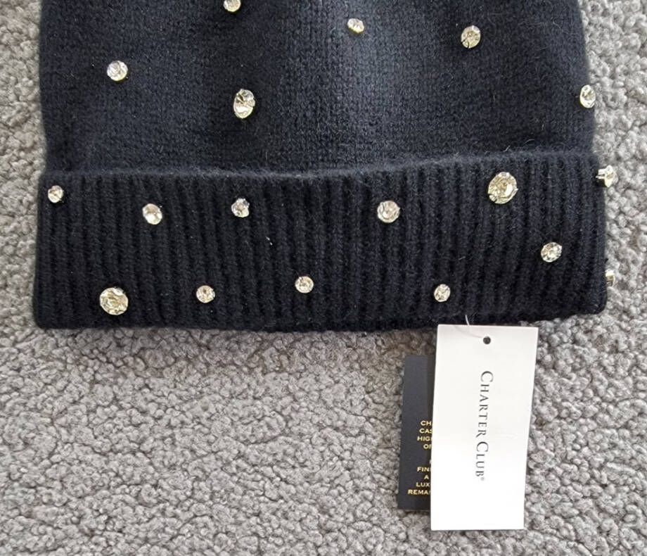 Charter Club Cashmere Embellished Cuffed Beanie Women's One Size Classic Black~