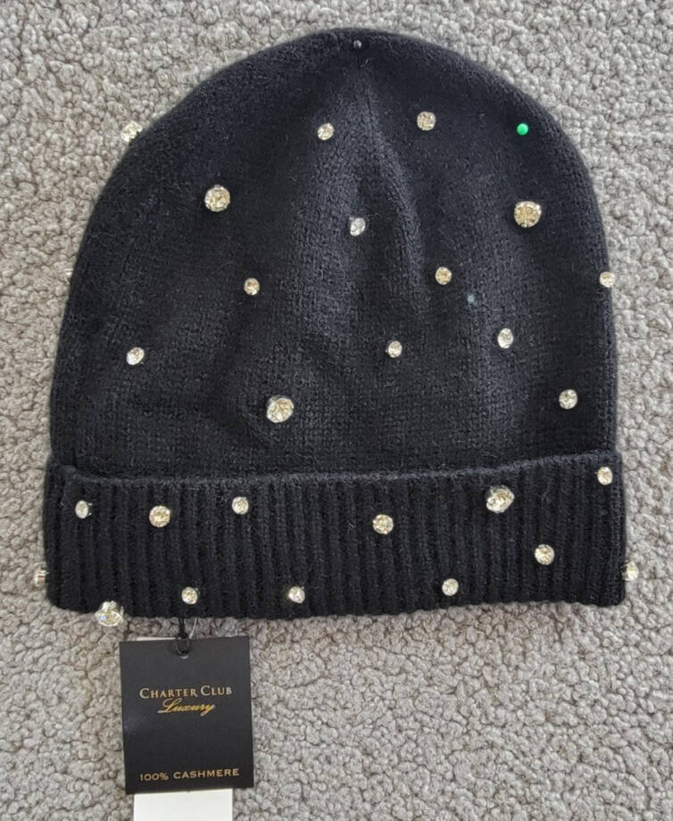 Charter Club Cashmere Embellished Cuffed Beanie Women's One Size Classic Black~