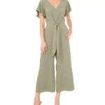 VINCE CAMUTO Flutter Sleeve Crop Wide Leg Jumpsuit Women's L Olive Mist Zip Back
