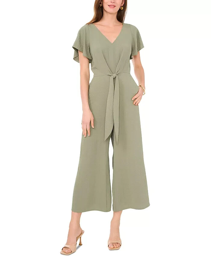 VINCE CAMUTO Flutter Sleeve Crop Wide Leg Jumpsuit Women's L Olive Mist Zip Back