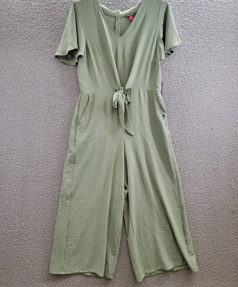 VINCE CAMUTO Flutter Sleeve Crop Wide Leg Jumpsuit Women's L Olive Mist Zip Back
