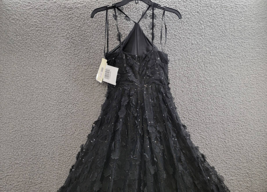 Eliza J 3D Floating Flowers Sequined Mesh Halter Gown Women's 0 Black Adjustable