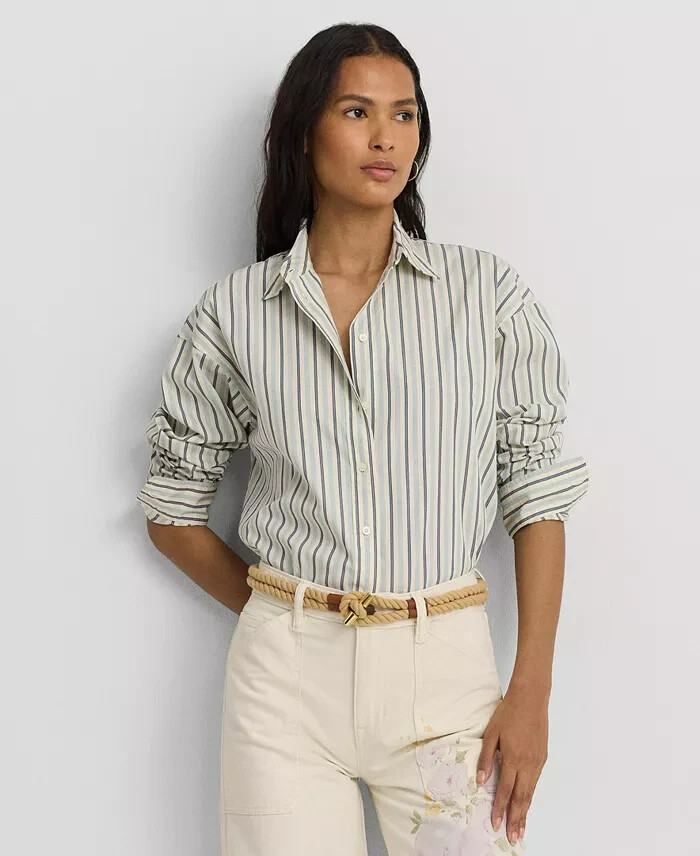 Lauren Ralph Lauren Striped Button Up Shirt Women's S Blue/White Long Sleeve