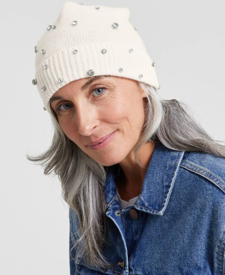 Charter Club Cashmere Embellished Cuffed Beanie Women's One Size Vanilla Ice